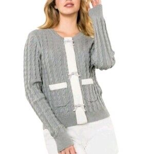 THML Cable Knit Cardigan Sweater Women's Medium Twee Old Money Preppy Gray